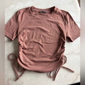 Zara women's dusty rose pink ruched drawstring ribbed top
